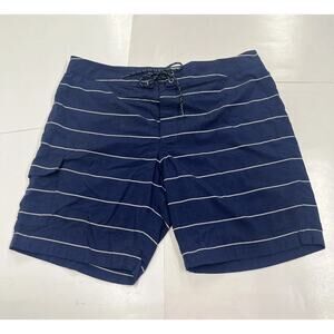 J Crew Mens Swim Trunks 34 Navy Blue Stripe Mesh Lined Swim Suit Swimming Shorts